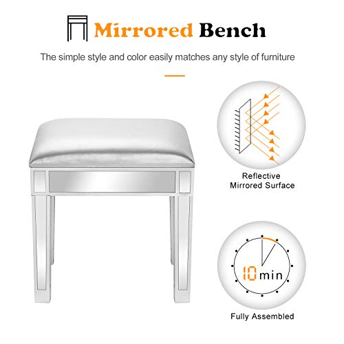 Image of VINGLI Mirrored Vanity Stool with Storage, Faux Leather Ottoman, Makeup Dressing Table Bench, Silver