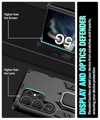 Image of WOW IMAGINE Shock Proof Back Case Mobile Cover for Samsung Galaxy S22 Ultra 5G | Back Cover Case (Tough Armor | Hybrid PC + TPU | Ring Holder & in-Built Kickstand | Black)