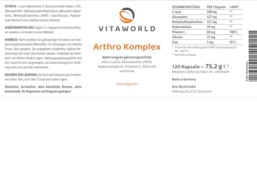 vitaworld Arthro Komplex – veganer Gelenk-Komplex mit Glucosamin, MSM, Hyaluronsäure, L-Lysin, Vitamin C, Zink & Silicium aus Bambus – 120 Kapseln – ohne Krebstiere