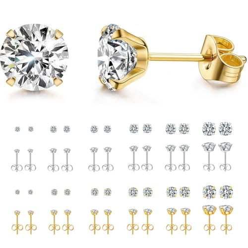 Earrings for Women, Cutapick 12 Pairs Hypoallergenic Surgical Stainless Steel 316L Stud Earrings Set for Men, Earring Studs Pack with Cubic Zirconia, 6 Sizes (3, 4, 5, 6, 7, 8 mm), Silver & Gold