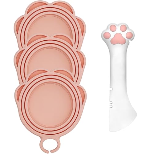 DORUI Lot de 3 couvercles de boîtes de nourriture pour chat et un ouvre-boîte | Couvercles et ouvre-boîtes en forme de patte mignonne pour nourriture humide | Cuillère et couvercles universels en