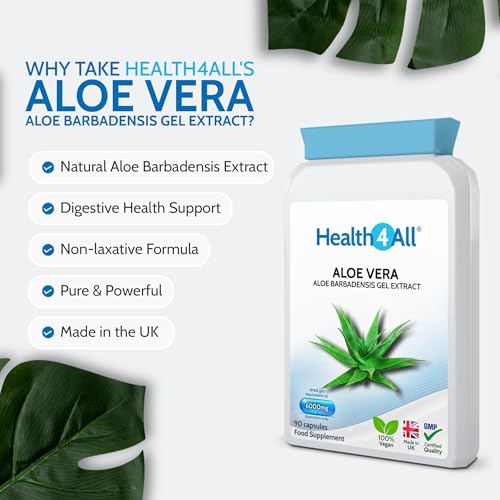 Health4All Aloe Vera Gel Extract 6000mg 90 Capsules, Digestive Health Detox Supplement, Support for Leaky Gut, Acid-Alkaline and pH Balance, Pure Vegan Cleanse Capsules (not Tablets) | Made in UK