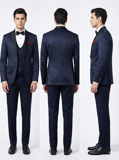 Image of Men's Navy Blue Jacquard Tuxedo Suit with Black Shawl Lapel, 3-Piece Formal Wedding Ensemble, Red Pocket Square