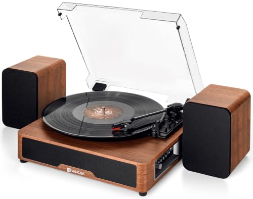 Image of Vangoa Vinyl Record Player with Bookshelf Speakers Bluetooth Vintage Turntable for Vinyl Records Belt-Drive 3 Speed Portable LP Players Wooden Vinyl Players Auto Stop with Cleaning Kits, Brown