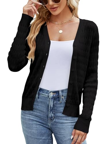 SPR&JOY Women's Long Sleeve Cropped Cardigan Sweater V Neck Elegant Shrugs for Women Black