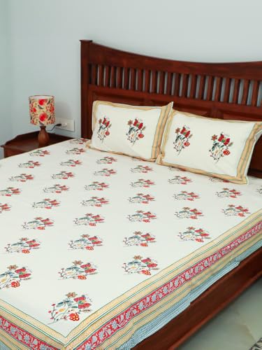 Image of Vasant Premium Hand Block Printed Bedsheet | Bed Spread Flatsheet Bed Sheet | Pure Cotton | Double Bed Queen Size 90 inchx108 inch | 300 TC Long Staple Cotton | 2 Pillow Covers | Floral Print