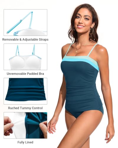 Image of Daci Women Strapless Tankini Tummy Control 2 Piece Bandeau Swimsuit | Full Coverage,Removable&Adjustable Straps,Built-in Soft Unremovable Bra,Ruched Tummy Control,Mid Waist Bottom,Fully Lined