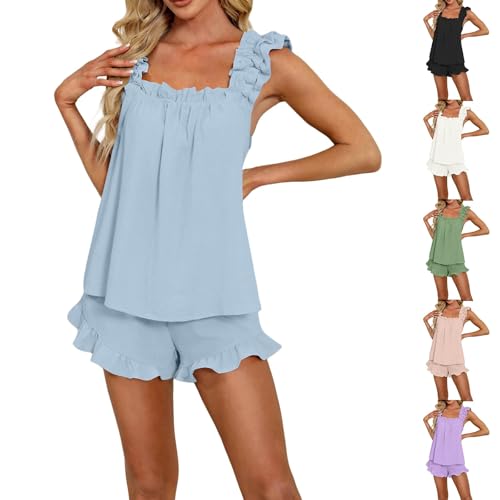 Hausanzug Damen kurze Hose- BaumwollSchlafanzug Damen Kurz Schwarz Nachtwäsche Sommer Sexy Pyjama Ärmellos Homewear Loungewear leicht Zweiteilige Casual Sleepwear 2teiliges Schlafshort, Blanco, XXL