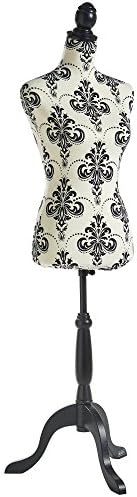 BTFY Mannequin Female - Dressmakers Tailors Dummy w/ 2 Removable Covers - UK Size 8/10 Decorative Dress Form Body w/Adjustable Height - Seamstress Model for Shop Display - Plain White & Black Damask