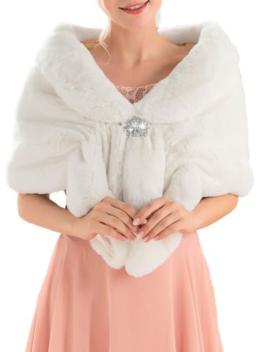 Aukmla Women's Wedding Faux Fur Shawls and Wraps Bridal Fur Scarf Stoles with Rhinestones Brooch for Bride and Bridesmaids