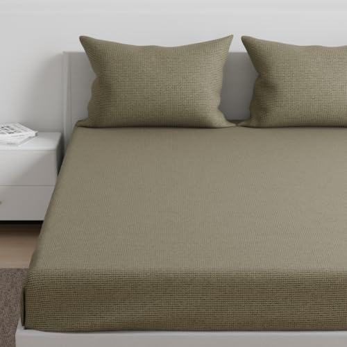Image of Wakefit 100% Cotton 160 TC Fitted Bedsheet with 2 Pillow Covers | Sage Queen, 78 inch x 60 inch, Sage | 1.98m x 1.52m