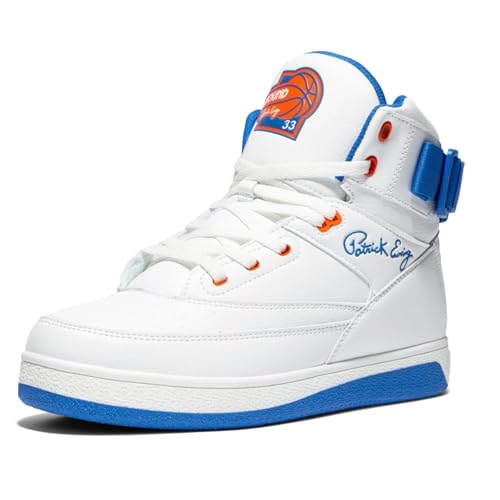 Ewing Men's 33 HI x Orion Rebound Basketball Shoes | Retro 1990 Design Ankle Strap Hybrid Athletic Team Sports Shoes, White/Blue/Orange, 8