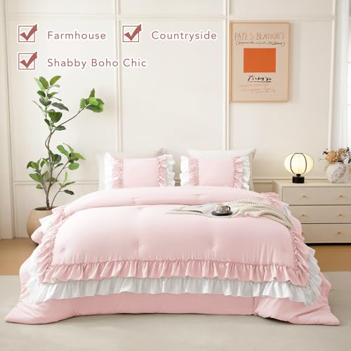 Image of QSH 3PCs Blush White Comforter Full with Ruffles,Farmhouse Shabby Boho Chic Pink Coquette Bedding Comforter Set Full Size (80 inchx90 inch) Ultra Soft Microfiber Lightweight Vintage Bed Set with Pillow Shams