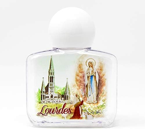 Lourdes square plastic bottle filled with Lourdes holy water