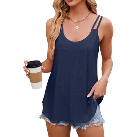 Vidifid Womens Summer Tank Tops Eyelet Embroidery Sleeveless Camisole Scoop Neck Loose Casual Flowy Tops Navy Blue Cover