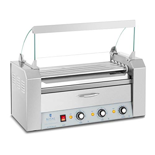 Royal Catering Grill À Saucisses Machine A Hot Dogs Chauffe-Saucisses Hot Dog RC-RG5DC (1420 W, Pour 8 Saucisses, 2 Zones De Chauffe, Tiroir chauffant, Inox)