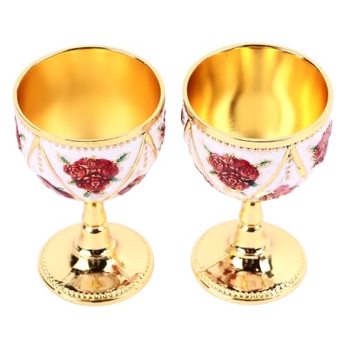 Fdit Ensemble de Tasse de Vin en Relief en Métal Vintage de 2 Calices à Vin Gravées avec Artisanat Complexe pour Décoration de Mariage du Bar à la Maison (Fleur Rouge Doré)