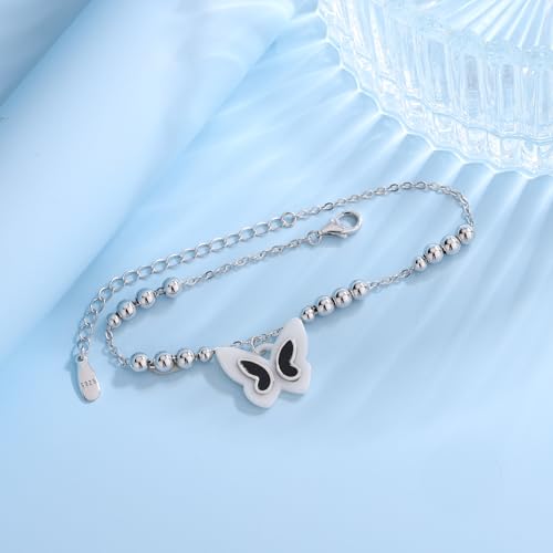 Image of 925 Sterling Silver Butterfly Bracelet, Black shell and White Ceramic Charm, Suitable for Mother's Day and Valentine's Day gifts