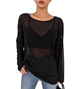 COZYEASE Women's Round Neck Long Sleeve Drop Shoulder See Through Mesh Top Shirts