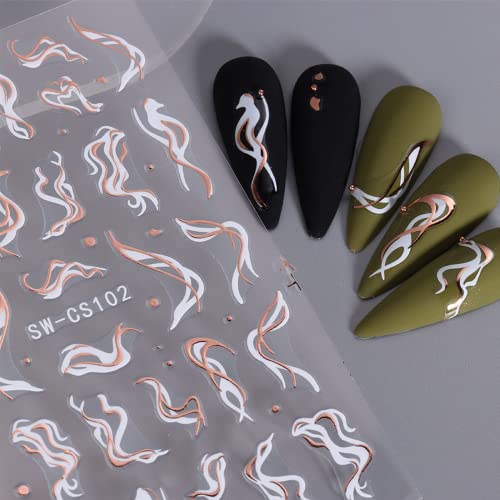 Line Nail Art Stickers Golden Silver Metal Line Nail Decal 3D Self-Adhesive Flame Star Moon Leaf Feather Nail Supplies French Nail Design For Women Girls Diy Decoration 8 Sheets #TOP5