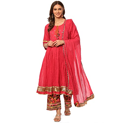 BIBA Women's Solid Straight Salwar Kurta Dupatta(Skdassorted7670_Pink_38) - Cotton