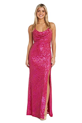 Nightway Women's Long Sequined Gown W/Draped Cowl Neck, Front Slit & Strappy Back, Fuchsia, 8