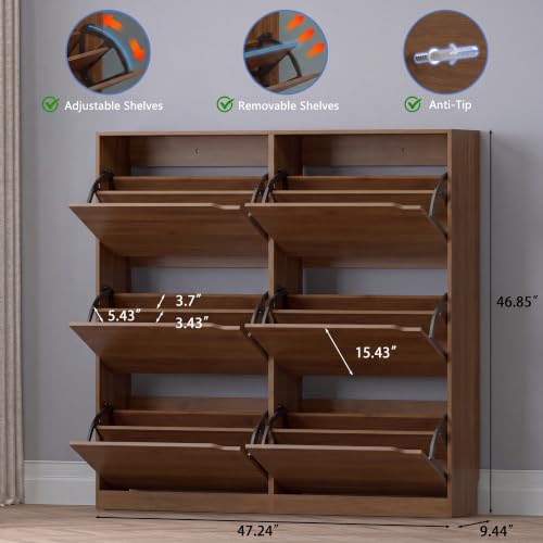 Image of BORNOON Shoe Cabinet with 6 Flip Drawers, Slim Narrow Shoe Storage Cabinet, Freestanding Shoe Organizer for Entryway, Hallway, Foyer
