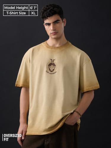 Image of The Souled Store Originals : Kalyuga Oversized T-Shirt for Men Boys Cotton Casual Half Sleeves Baggy Loose Fit Drop Shoulder Round Neck Grey