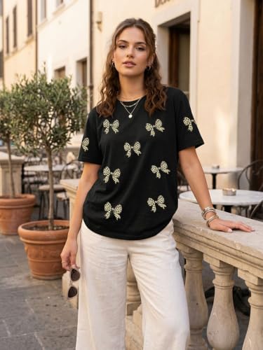 Image of Bow Leopard Shirt for Women Cheetah T-Shirts for Women Bow Graphic Tees Short Sleeve Aesthetic Tee Top