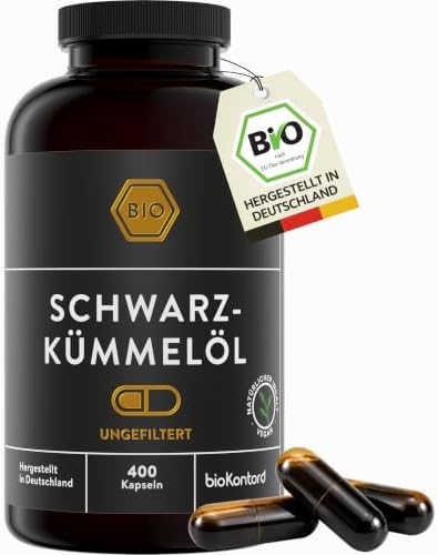 bioKontor – BIO Schwarzkümmelöl Kapseln 400 Stück – UNGEFILTERT – 3000mg | 2-Monats-Vorrat – 3000mg Tagesdosis – Schwarzkümmelöl Bio kaltgepresst – ägyptisches Schwarzkümmel Öl – d