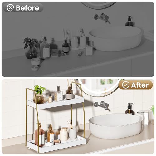 Image of Bathroom Countertop Organizer, Counter Organizer for Bathroom Decor | Wooden Sink Shelf for Vanity Storage, Makeup Tray for Perfume Skincare Bedroom Kitchen Coffee Bar (2 Tier, White and Gold)