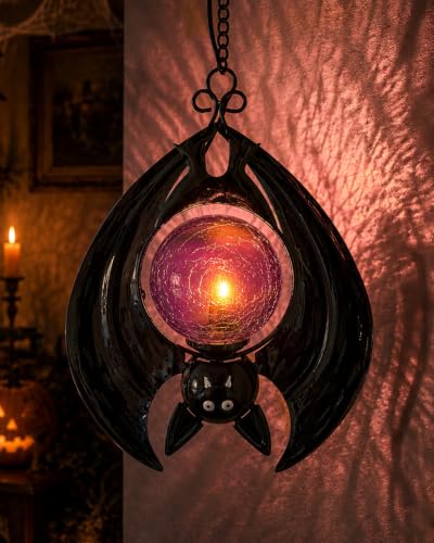 TEYIGARDEN Glass Halloween Lanterns, Hanging Bat Lights, Halloween Decor - image 1