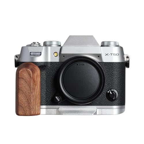 Fujifilm 富士 X-T50 XT50 専用 カメラウッドグリップ 高級檀木材 木製ハンドル メタルベース L型グリップ ハンドメイド カメラケージ 底面開閉 (赤茶色+ホワイト)