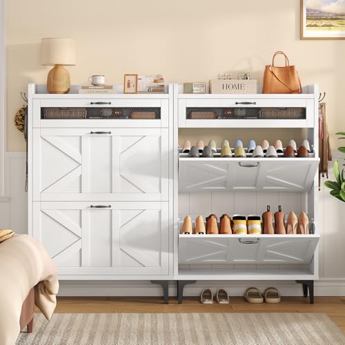 Image of TEENFON Shoe Cabinet with 2 Flip Drawers & Top Drawer, Farmhouse Narrow Shoe Storage Cabinet with Adjustable Shelves & Hooks, Freestanding Hidden Slim Shoe Rack Cabinet for Entryway, Hallway, White