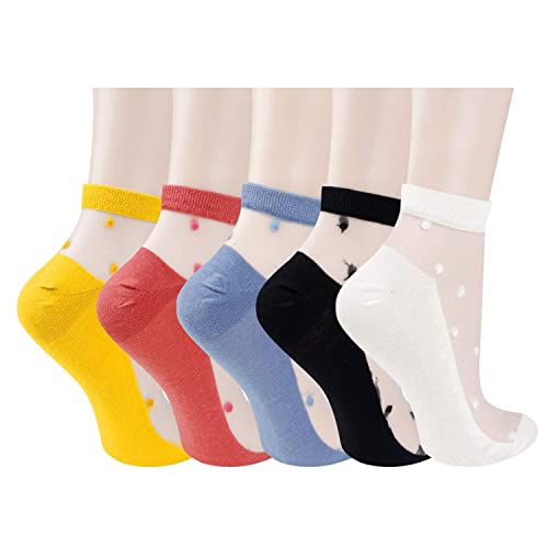 Womens Girls Sheer Socks Colorful Lace Mesh Ankle Socks Novelty Pretty Cute Transparent See Through Polka Dot Low Cut Socks Funny Ultra Thin Silk Nylon Fishnet Short Socks Gift, 5 Pack-Polka Dot #TOP1