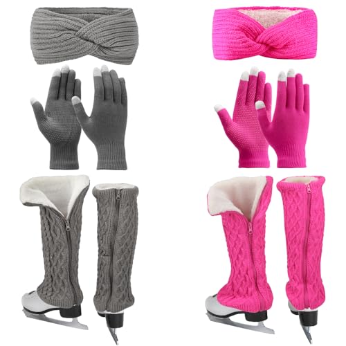 Regilt 2 Sets Figure Skating Leg Warmers Gloves Headband Set Zipper Fleece Lined Leg Warmers Socks for Ice Skating (Gray&Hot Pink-Long)