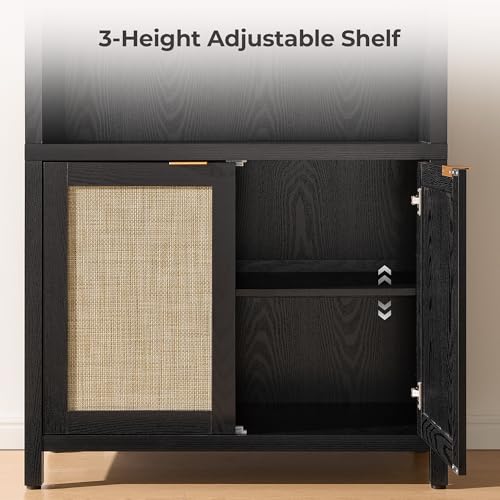 Image of SICOTAS 84.2 inch Tall Arched Bookcase with Doors - 5 Tier Rattan Bookshelf