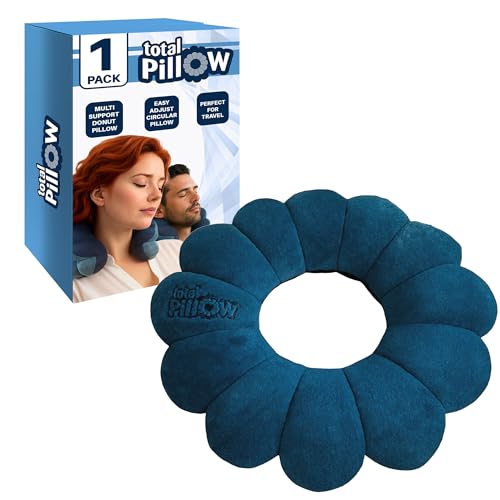 Total Pillow Donut Pillow for Airplane & Travel, Sleeping Neck Pillow, Microbead Comfortable Pillow for Neck, Head, Back, Lumbar & Pelvic Support, Twists to Many Positions - Blue