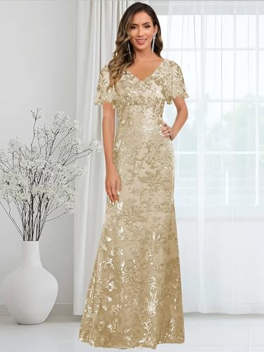 TORYEMY Sequin Mother of The Bride Dresses for Women V Neck Long Lace Formal Evening Dress with Short Sleeves4