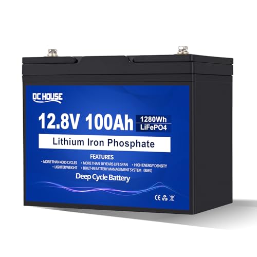 DCHOUSE Batteria al litio 12V 100Ah LiFePO4, fino a 15000 cicli, uscita massima 1280Wh, perfetta per camper, pannelli solari, caravan, barche,Sistemi fuori rete