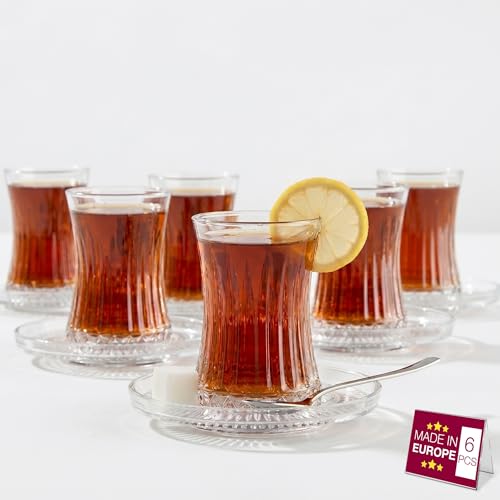 Hakan Turkish Tea Glass Set of 6 | Turkish Teacups and Saucers Set | 5.7 oz Teacups & 5.1” Saucers | Traditional Tulip Shape Clear with Fluted Lines | Glassware Drinkware, 12 Pcs