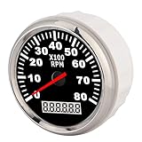 Drehzahlmesser 85mm Zeiger Digitaler Drehzahlmesser 3,3 Zoll 8000 U/min Rote LED-Hintergrundbeleuchtung Wasserdichter Marine-Stundenzähler für 12V/24V-Auto-Boote(Schwarzes Zifferblatt Silberrahmen)