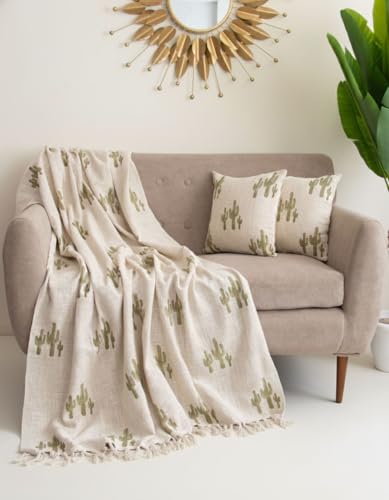 Image of Handmade Cotton Jute Sofa Throw Blanket (50x70 inch) with 2 pcs Cushion Cover (16x16 Inch) Couch & Bed Throws (Pack of 3, Cactus Print)