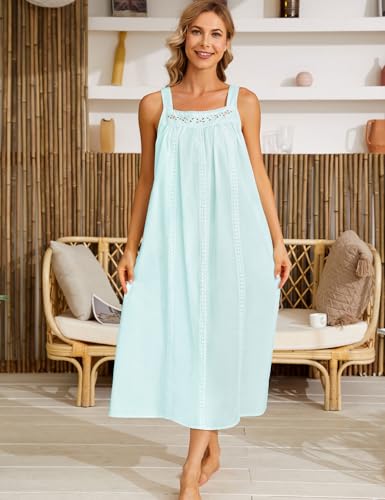 Image of SWOMOG Women's Cotton Nightgowns Sleeveless Night Gown Embroidery House Dress Soft Long Nightdress with Pockets