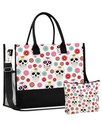 Image of InnoBeta Sugar Skull Gifts Canvas Tote Bag with Top Zipper Closure and Shoulder Strap for Birthday, Mother's Day, Christmas