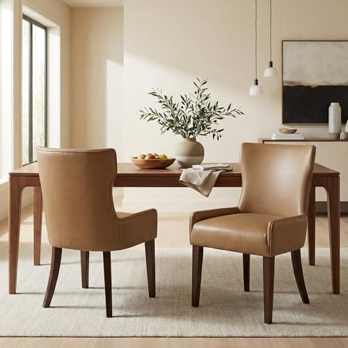 DM Furniture Faux Leather Dining Chair Set of 2, Upholstered Kitchen Chair with Wingback & Solid Rubberwood Legs, Thick Padded Comfortable Accent Seating for Dining-Kitchen-Living Room, Brown PU