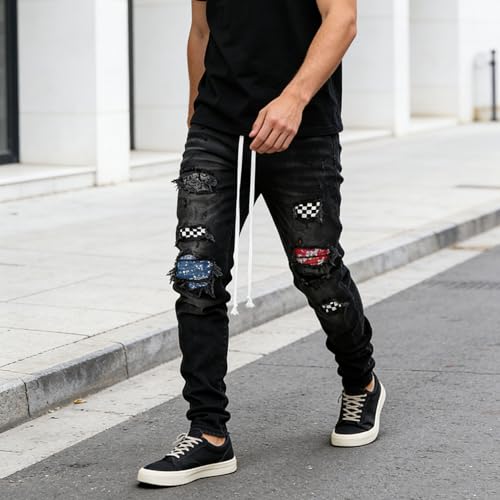 Jeans déchirés homme en denim usé premium avec patchwork robuste