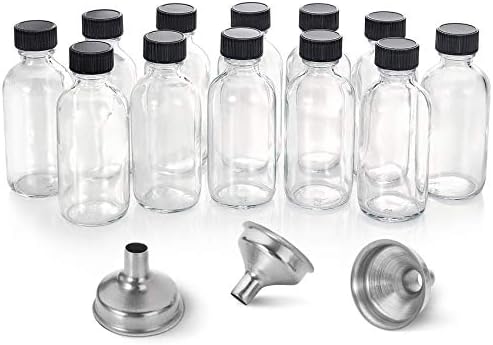 12 Pack, 2 oz Small Clear Glass Bottles w/Lid & 3 Funnels - 60ml ...