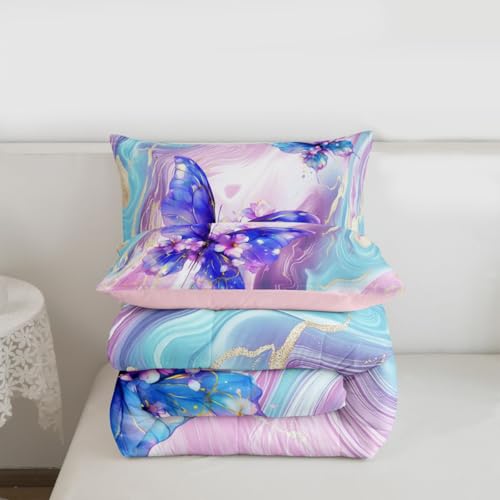 Image of Erosebridal Floral Marble Butterfly Comforter King Size for Kids Teens Adults,Purple Blue Tie Dye Bedding Set,Elegant Marble Texture Duvet Insert,Modern Aesthetic Quilt Bedroom Decor