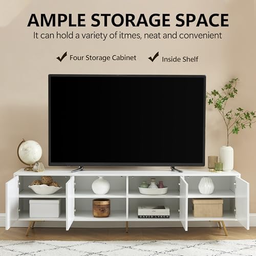 EDYO LIVING Mid Century Modern TV Stand for 75\" TV, Wood Entertainment Center with Storage Cabinet, Media TV Console for Living Room and Bedroom, White